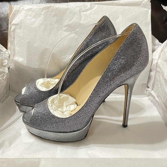 Jimmy Choo Dahlia, Dark silver Glitter peep pumps EU38.5 120mm, 3/4 platform. - Picture 2 of 10